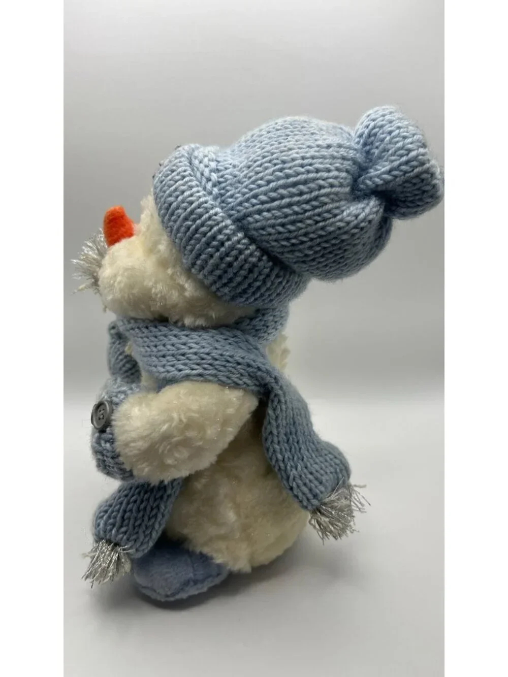 Plush Snowman Decoration With Knit Hat & Scarf Button Details And Silver Accents